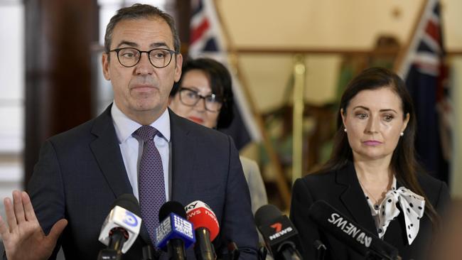 Premier Steven Marshall stands beside Child Protection Minister Rachel Sanderson at a press conference regarding the Rice Review. Picture: Naomi Jellicoe