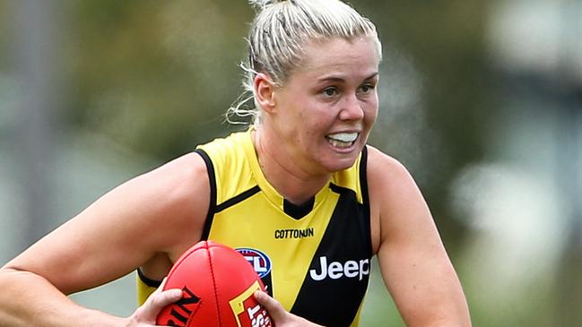 MELBOURNE, AUSTRALIA - JANUARY 26: Katie Brennan of the Tigers runs with the ball during the Richmond Tigers v West Coast Eagles AFLW practice match at Punt Road Oval on January 26, 2020 in Melbourne, Australia. (Photo by Martin Keep/AFL Photos via Getty Images)