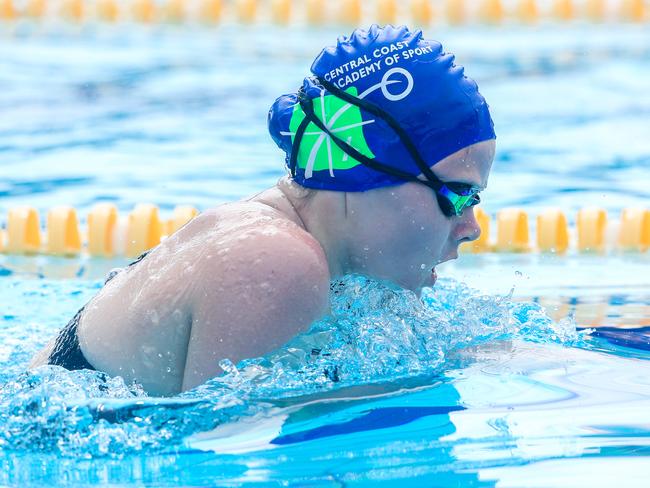 Central Coast’s Lauren Baird in the 100m breaststroke. Picture: Glenn Campbell