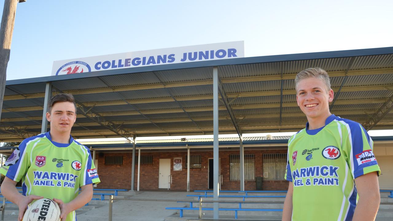 Collegians co-captains Aden Howard and Mitch Watson show off the special jerseys the team will wear for headspace Warwick. Photo Ben Wilmott / Warwick Daily News