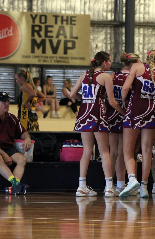 Netball action from QISSN 2024 in Townsville. Carmel College v Shalom College
