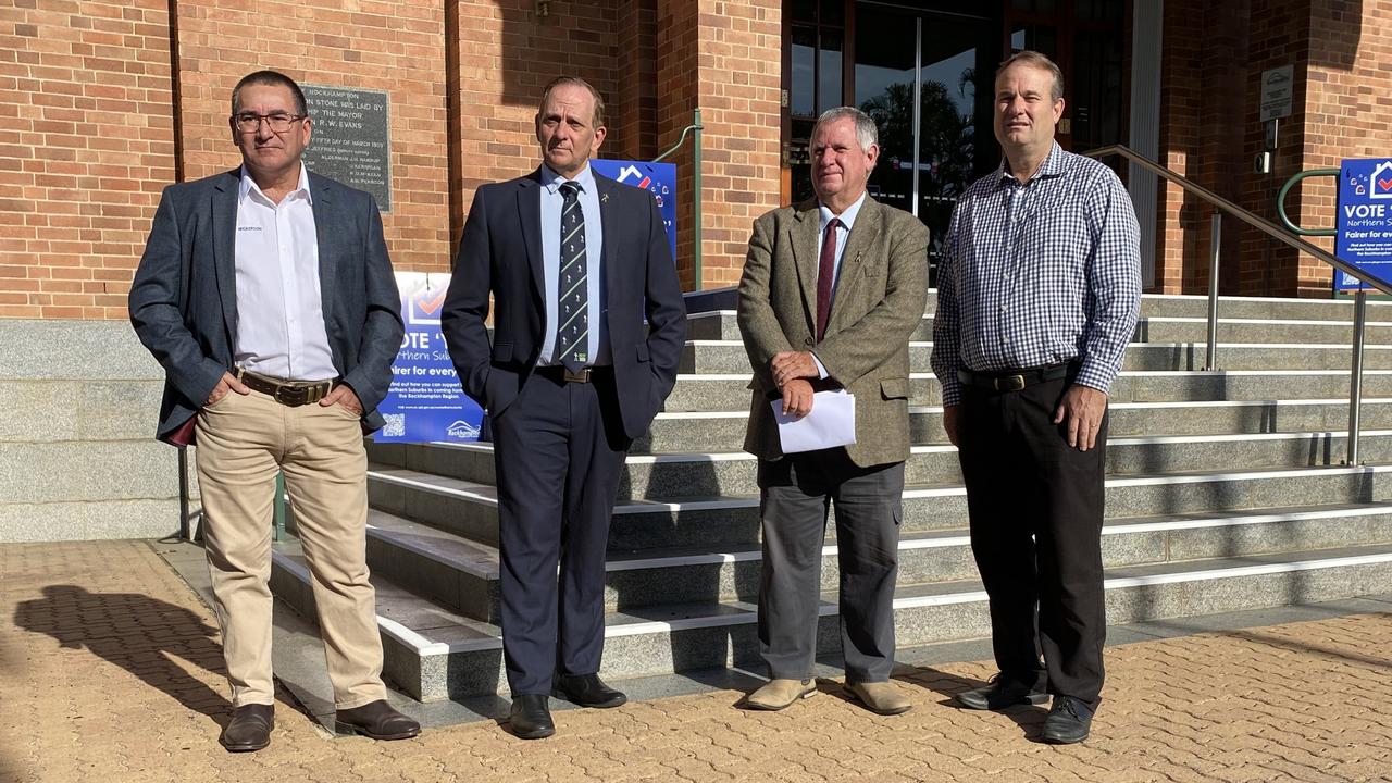 Rockhampton Regional Council Deputy Mayor Neil Fisher (pictured second from right) had previously slammed a petition that was started to stop the vote on the Rockhampton and Livingstone boundary change.