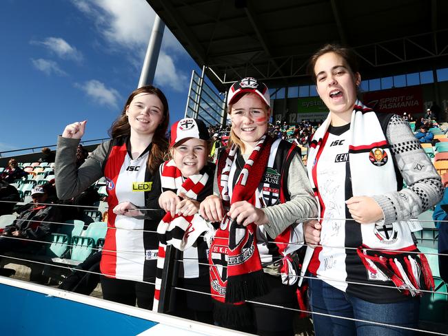 St Kilda supporters, from left, Abbie Gardner, 18, of Deloraine, sisters, Brooklyn, 9, and Morgan Turner, 11, of Beaconsfield, and Annalise Harris, 19 of Launceston.