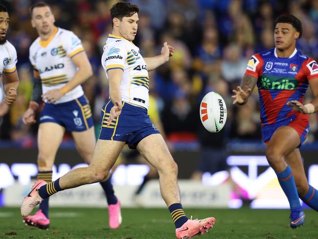 NEWCASTLE, AUSTRALIA - JUNE 29: Mitchell Moses of the Eels kicks the ball during the round 17 NRL match between Newcastle Knights and Parramatta Eels at McDonald Jones Stadium, on June 29, 2024, in Newcastle, Australia. (Photo by Scott Gardiner/Getty Images)