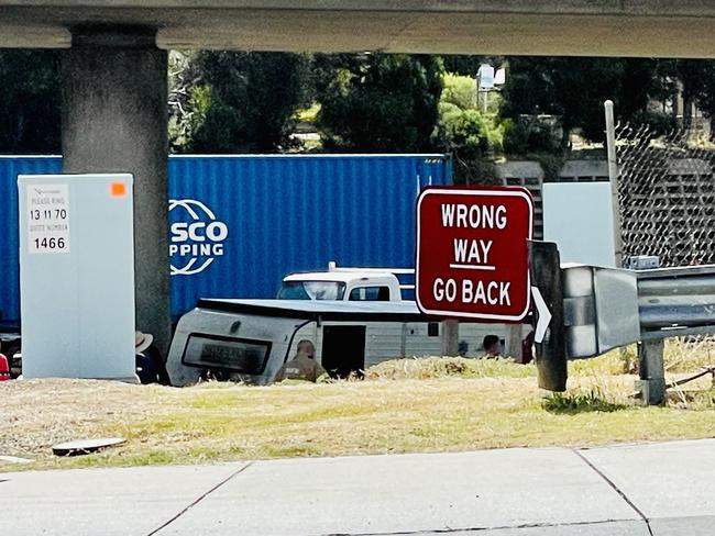 There was a fire incident on the Calder Freeway on Tuesday morning which looked to have damaged both the car and caravan. Picture: Adam Daunt