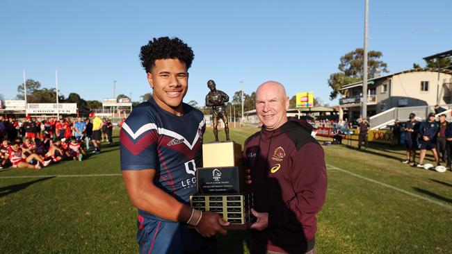 Ipswich SHS captain Josiah Pahulu with Allan Langer. Picture: NIGEL HALLETT