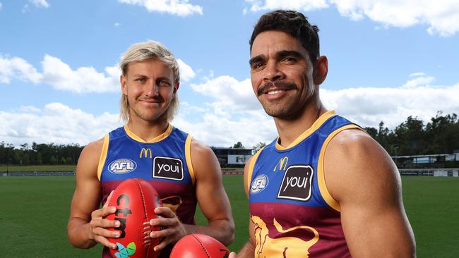 FOR COURIER MAIL 2025 AFL GUIDE.  **EMBARGOED** Brisbane Lions Kai Lohmann and Charlie Cameron, Springfield. Picture: Liam Kidston