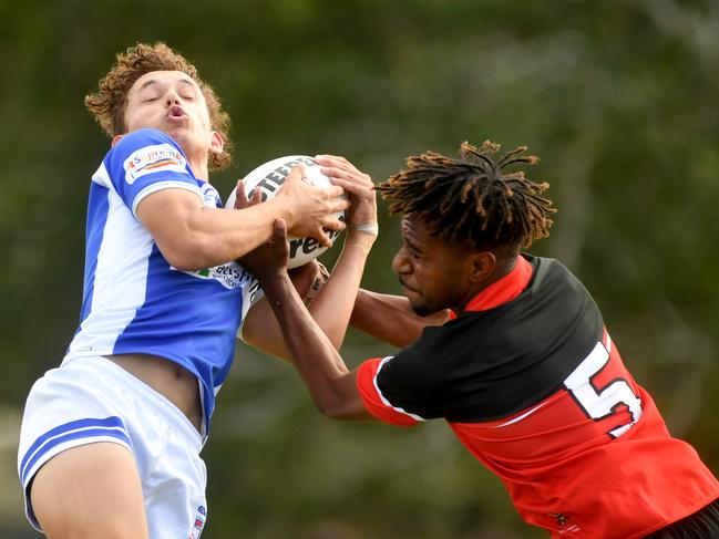 Cowboys' Challenge 2023. Ignatius Park College against Kirwan High at Kirwan High. Ignatius Park's Daniel Spicer. and Kirwan's Ty Ayres-Robson. Picture: Evan Morgan