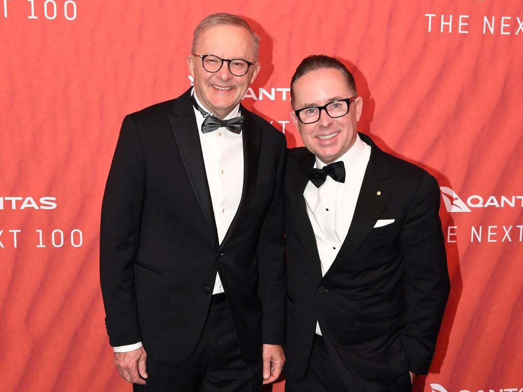 Anthony Albanese with Alan Joyce last year at a Qantas gala dinner. Picture: Getty Images