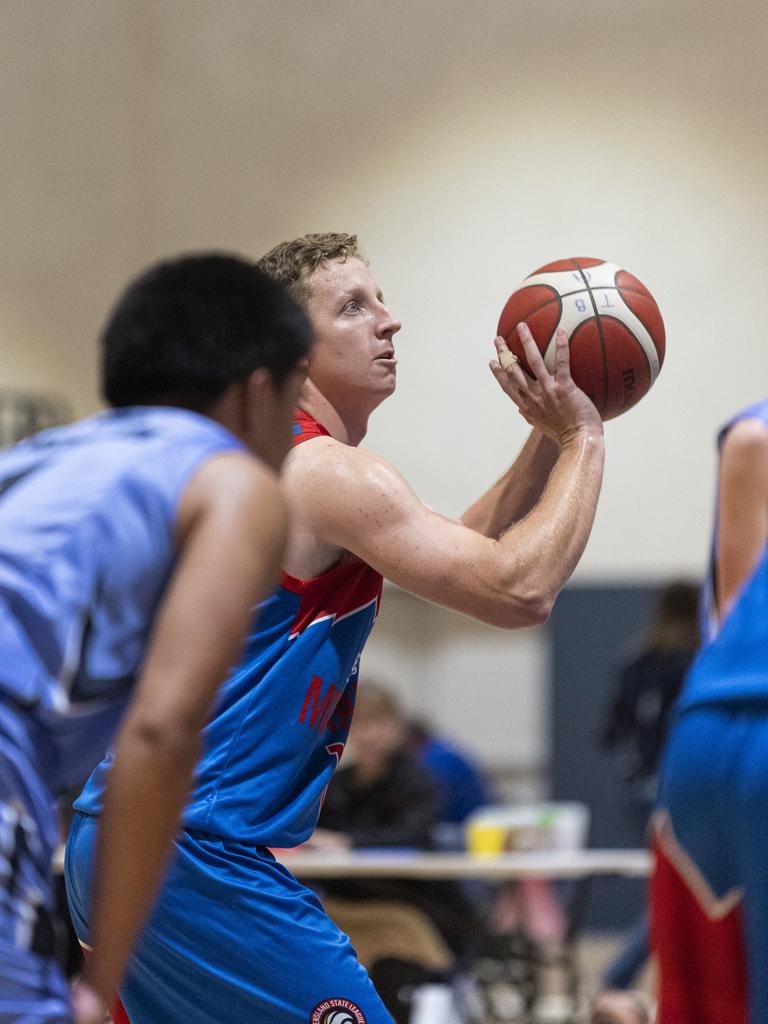 Adam Gehrig for Toowoomba Mountaineers against Northside Wizards in QSL Division 1 Men round 2 basketball at Clive Berghofer Arena, St Mary's College, Sunday, April 21, 2024. Picture: Kevin Farmer