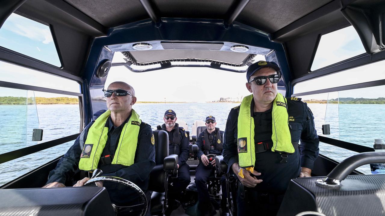 Australian Border Force Senior Border Force Officers Ron at the helm with Shane, Steve and Tim on their Nautic Star Patrol boat. Picture Mark Brake