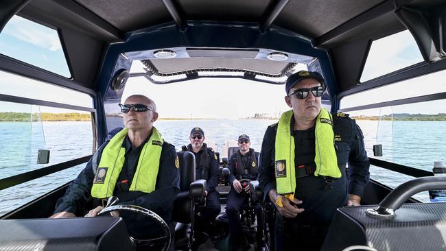 Australian Border Force Senior Border Force Officers Ron at the helm with Shane, Steve and Tim on their Nautic Star Patrol boat. Picture Mark Brake