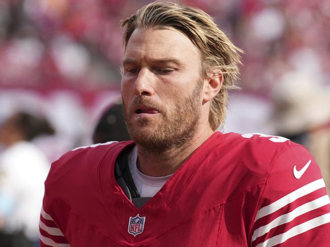 FILE - San Francisco 49ers punter Mitch Wishnowsky (3) leaves the field at half time during an NFL football game against the Tampa Bay Buccaneers, Sunday, Nov. 10, 2024, in Tampa, Fla. (AP Photo/Peter Joneleit,File)