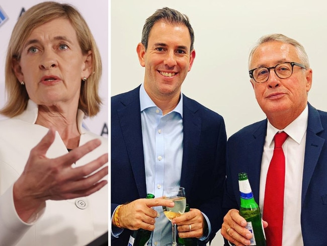 ASIC deputy chair Sarah Court on Wednesday, left, Treasurer Jim Chalmers with former treasurer and Cbus chairman Wayne Swan. Picture: John Feder