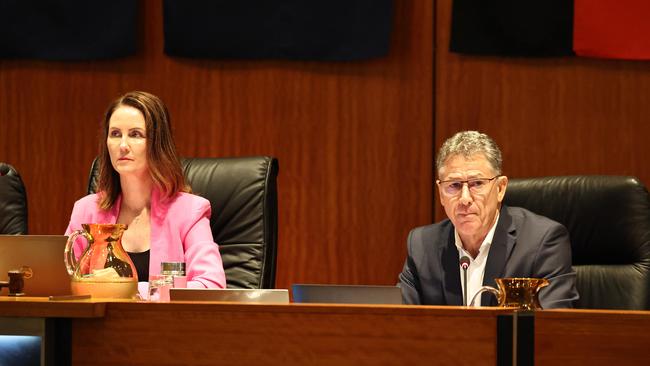 Cairns Regional Council Mayor Amy Eden and chief executive Ken Gouldthorp at the council’s ordinary meeting at the council chambers on Spence Street. Picture: Brendan Radke