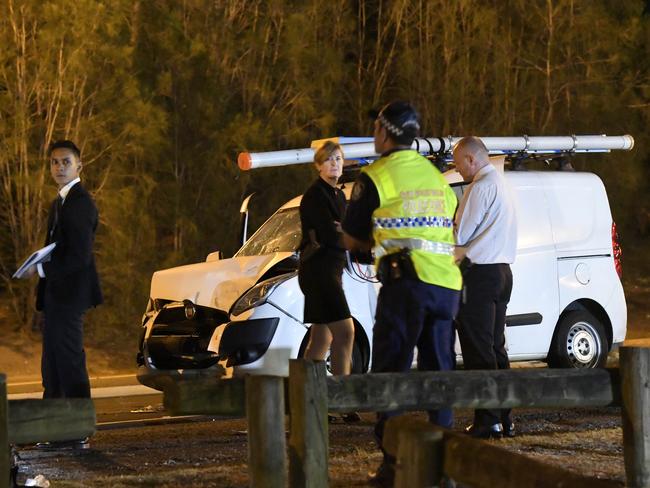 The scene of the horror crash, where two police officers were injured while setting up a RBT site in Leumeah. Picture: Gordon McComiskie