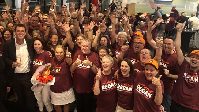 Independent Michael Regan celebrates with volunteers and supporters on Saturday night at the Manly Warringah Football Club. Picture: Jim O'Rourke