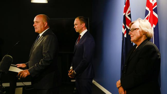 Bergin with Education Minister Matt Kean and Veteran Affairs Minister David Elliott in 2017. Picture: Dylan Robinson.