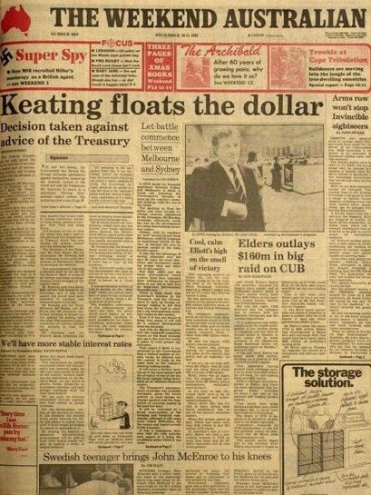 The front page of The Weekend Australian on December 10-11, 1983, reporting the decision to float the Australian dollar.