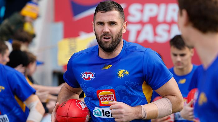 HOBART, AUSTRALIA - AUG 10: Jack Darling of the Eagles warms up during the 2024 AFL Round 22 match between the North Melbourne Kangaroos and the West Coast Eagles at Blundstone Arena on August 10, 2024 in Hobart, Australia. (Photo by Dylan Burns/AFL Photos via Getty Images)