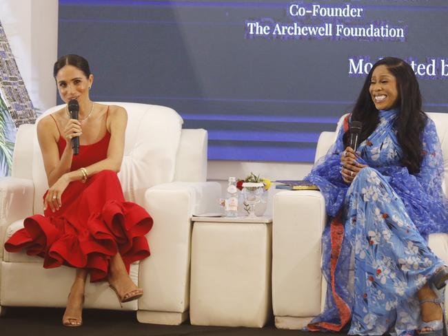 Meghan, Duchess of Sussex speaks at a Women in Leadership event co-hosted with Ngozi Okonjo-Iweala on May 11. Picture: Andrew Esiebo/Getty Images for The Archewell Foundation
