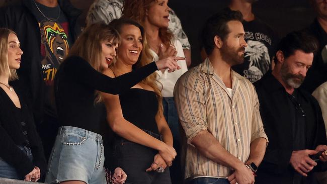 Taylor Swift and Blake Lively share a moment at the Chiefs vs. Jets game, alongside Ryan Reynolds and Hugh Jackman. Picture: Getty Images