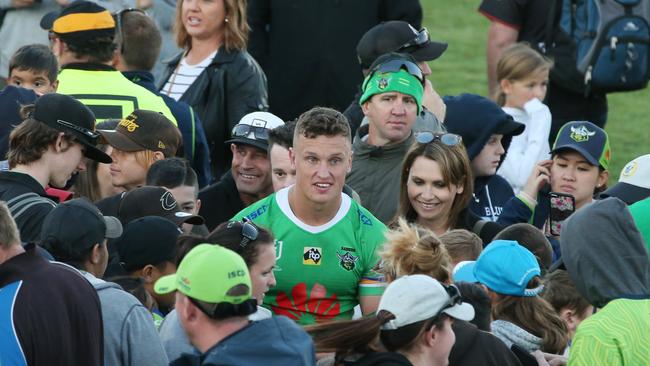 Jack Wighton of the Raiders is mobbed by fans at McDonalds Park in Wagga Wagga. Picture: Mark Evans/Getty Images