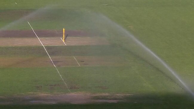 The sprinklers didn't the memo that a cricket game was about to start. Photo: Fox Sports.