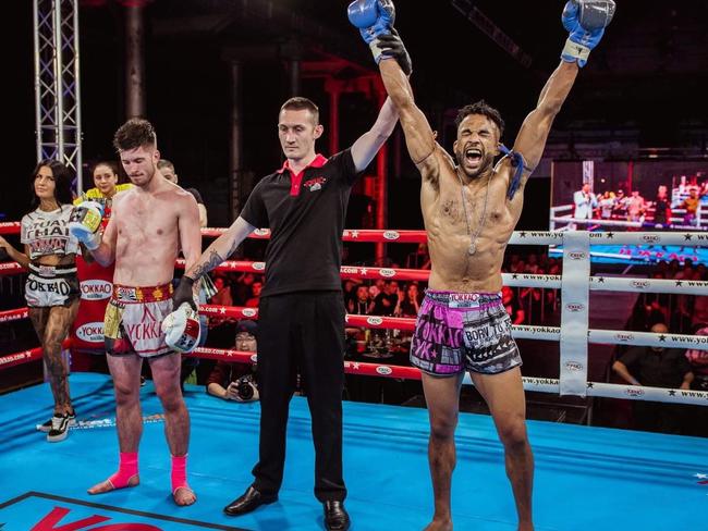 James Alleyne (right) celebrating a points victory over Daniel Marshall. Picture: Win EasyCom