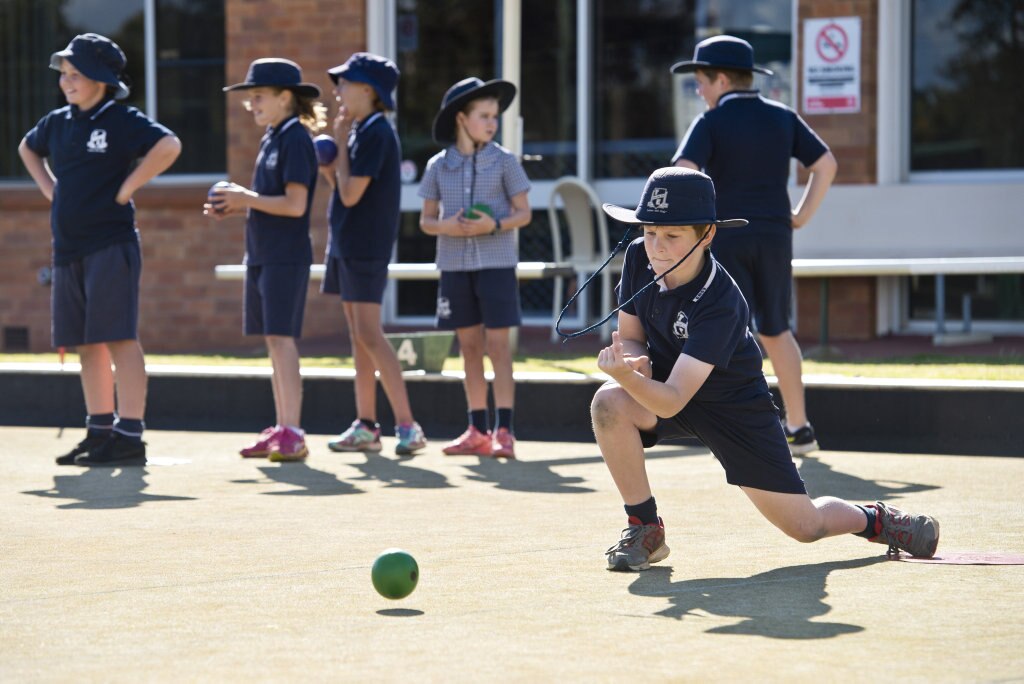 Zachary Smith sends down a shot as Toowoomba Bowls Club host students of Toowoomba East State School, Monday, June 25, 2018. Picture: Kevin Farmer