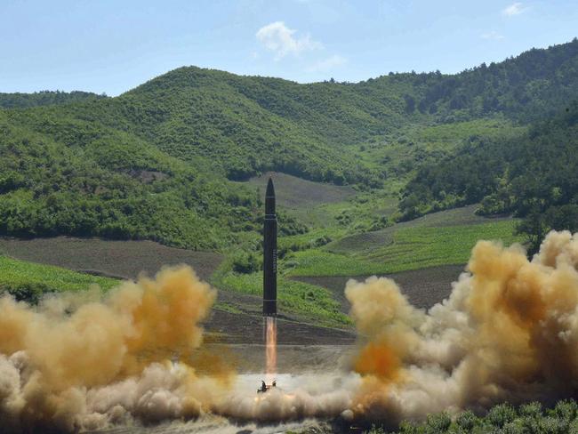 This July 4, photo distributed by the North Korean government shows what was said to be the launch of a Hwasong-14 intercontinental ballistic missile. Picture: Korean Central News Agency/Korea News Service/AP