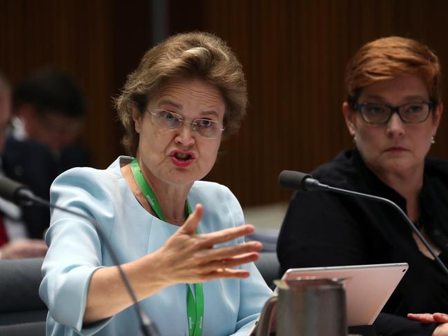 Department of Foreign Affairs and Trade Secretary Frances Adamson with Foreign Affairs Minister Marise Payne during Senate estimates today. Picture: Gary Ramage