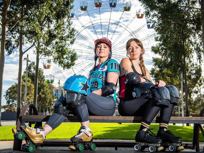 Didi Harris (Trinket) and Isabelle Hermes (Ankle grinder) will battle it out in the Roller Derby Grand Final at Wayville Showgrounds, pictured on July 13th, 2021, in Adelaide. Picture: Tom Huntley