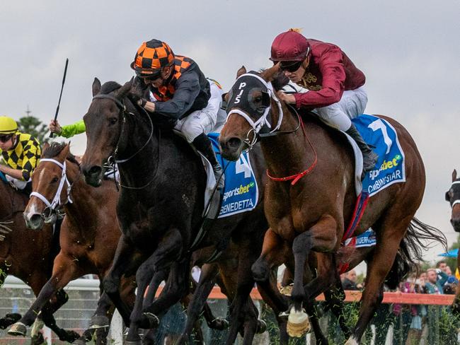 Climbing Star (right) wins the Group 1 Robert Sangster Stakes. Picture: Makoto Kaneko