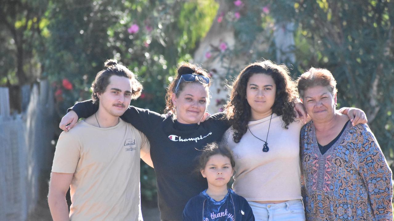 Bailey Pini's brother Jerricho, sister Troydon, cousin Natasha, aunty Donna, and niece Renezmay. Picture: Kirra Grimes