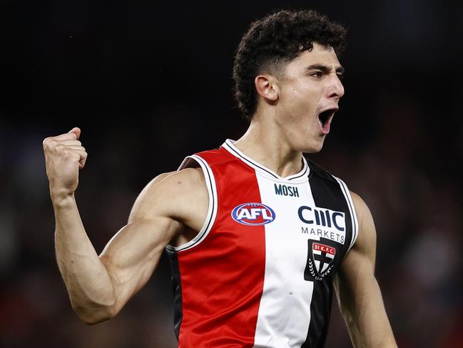 MELBOURNE, AUSTRALIA - APRIL 08: Anthony Caminiti of the Saints celebrates a goal  during the round four AFL match between St Kilda Saints and Gold Coast Suns at Marvel Stadium, on April 08, 2023, in Melbourne, Australia. (Photo by Darrian Traynor/Getty Images)