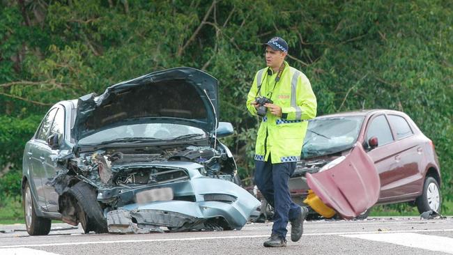 The scene of the fatal two-vehicle collision on McMillans Road in Knuckey Lagoon on Saturday. Picture: Glenn Campbell