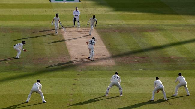 Archer bowls to Marnus Labuschagne late on day five. Picture: AFP