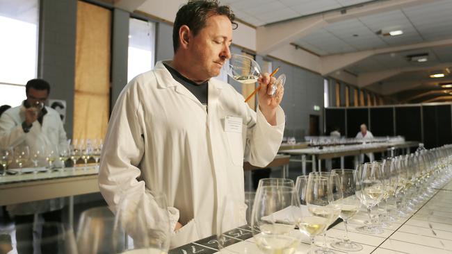 Pilot and wine connoisseur Tim Birmingham judging at the Royal Hobart International Wine Show. Picture: MATHEW FARRELL