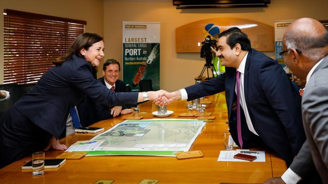 Adani Group chairman Gautam Adani meets with Queensland premier Annastacia Palaszczuk at the Port of Townsville in December 2016. Picture: AAP/Cameron Laird