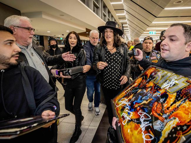 Paul Stanley signs autographs for fans upon arrival at Melbourne Airport to begin the Australian leg of the End of the Road Tour. Picture: Jake Nowakowski