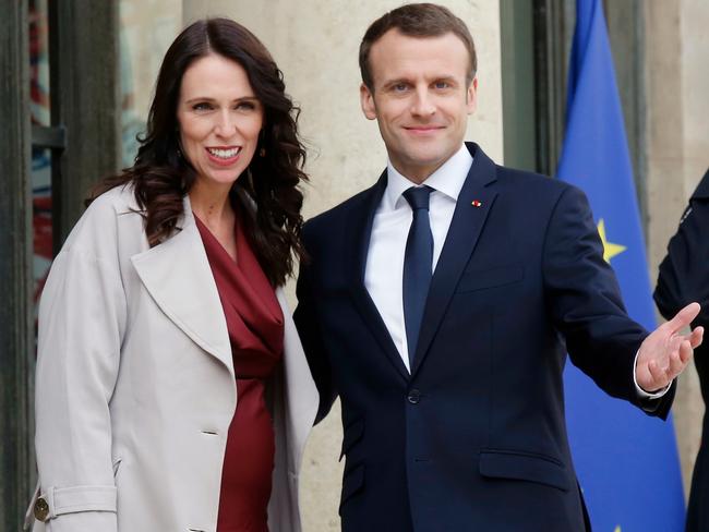 New Zealand's Prime Minister Jacinda Ardern, left, is welcomed by French President Emmanuel Macron at the Elysee Palace in Paris. Picture: AP