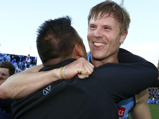 SANFL - Grand Final - Port Adelaide v Sturt at Adelaide Oval. Kory Beard celebrates the win. Picture Sarah Reed