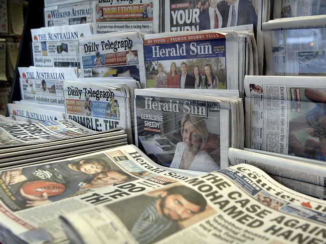 AUSTRALIA - AUGUST 01:  News Corp. newspapers are seen in Sydney, Australia, on Wednesday, August 1, 2007. Rupert Murdoch's News Corp. agreed to buy Dow Jones & Co. for $5.6 billion, gaining control of the Wall Street Journal and ending the Bancroft family's 105 years of stewardship.  (Photo by Jack Atley/Bloomberg via Getty Images)