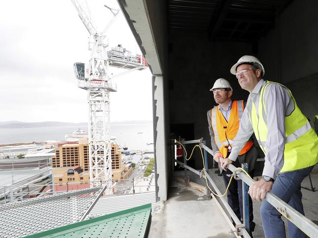 RHH staff specialist anaesthetist Clinical Lead for Trauma Sandy Zalstein with Minister Michael Ferguson touring the Royal Hobart Hospital redevelopment in 2018. Picture: Richard Jupe