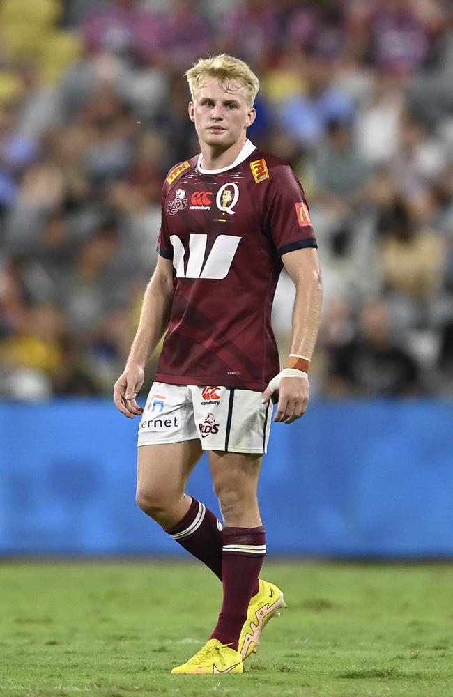 Tom Lynagh of the Reds looks on during the round one Super Rugby Pacific match between Queensland Reds and Hurricanes at Queensland Country Bank Stadium, on February 25, 2023, in Townsville, Australia. (Photo by Ian Hitchcock/Getty Images)