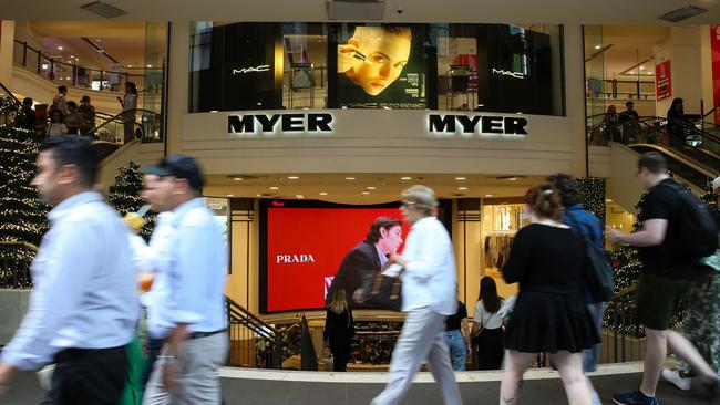 SYDNEY, AUSTRALIA : NewsWire Photos - DECEMBER 02 2024; People seen walking past the Myer Retail stores in Pitt street Mall in the Sydney CBD with its Christmas decorations on display with only four weeks till Christmas. Picture: NewsWire / Gaye Gerard