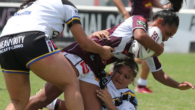 The Harvey Norman 19s girls rugby league competition is on at Pizzey Park. 11am 19s girls Souths v Burleigh Bears at 12.30 Burleigh Player No. 1 Ebony Rafstrand-Smith Souths Player No. 8 Bronte Wills Pic Mike Batterham