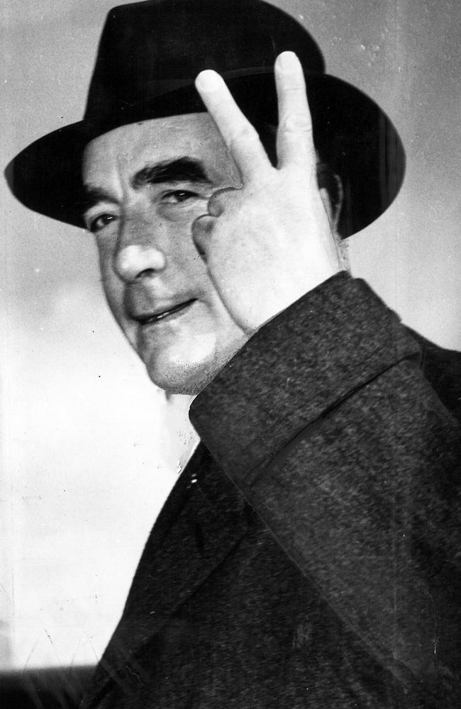 Robert Menzies) demonstrates his confidence in the election result with a V for Victory sign in 1951. Picture: Supplied