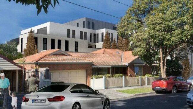 An architectural render of the view of the proposed apartments from Roslyn St.